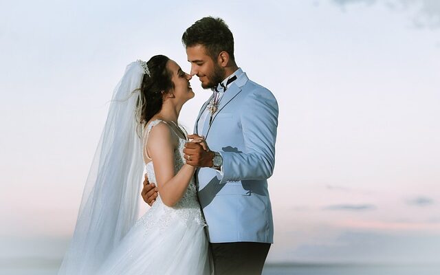Happy Wedding Couple Walk Together